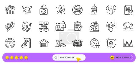 Rainy weather, Stop talking and Worms line icons for web app. Pack of Lock, Electric bike, Vaccine report pictogram icons. Fitness, Online voting, Cogwheel signs. Currency rate. Search bar. Vector