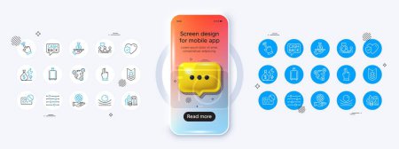 Illustration for Phone mockup with 3d chat icon. Money transfer, Shoulder strap and Filter line icons. Pack of Card, People chatting, Click hand icon. Fuel price, Elastic material, Video conference pictogram. Vector - Royalty Free Image
