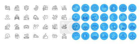 Illustration for Car, Delivery location and Gas station line icons pack. Car charging, Time schedule, Charging station web icon. Warning, Road, Luggage protect pictogram. Keys, Gas price, Fuel price. Vector - Royalty Free Image