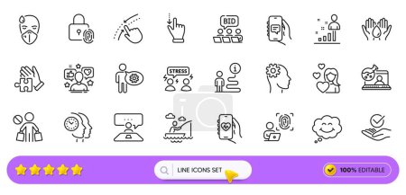 Illustration for Puzzle, Cogwheel and Engineering line icons for web app. Pack of Safe water, Computer fingerprint, Approved pictogram icons. Influence, Interview job, Stats signs. Difficult stress. Search bar. Vector - Royalty Free Image