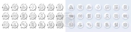 Ilustración de Iconos de línea de gesto Notificación, Renovar tarjeta y Rotación. Botones blancos del perno 3d, iconos de las burbujas del chat. Paquete de documento de informe, Búsqueda en el sitio web, Icono de Headshot. Vector - Imagen libre de derechos