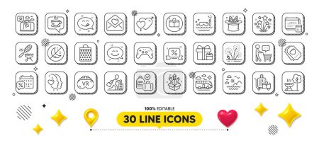Illustration for Discounts calendar, Sea mountains and Travel delay line icons pack. 3d design elements. Discounts ribbon, Hat-trick, Fireworks web icon. Fireworks rocket, Smile chat, Baggage cart pictogram. Vector - Royalty Free Image