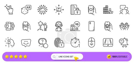 Lock, Support and Augmented reality line icons for web app. Pack of 5g internet, Scroll down, Timer pictogram icons. Favorite app, Smile chat, Time management signs. Petrol station. Search bar. Vector
