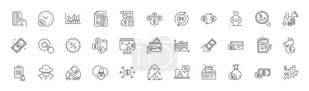 Illustration for Dollar exchange, Armed robbery and Wallet line icons. Pack of Dollar money, Fraud, Difficult stress icon. Clipboard, Diagram chart, Rise price pictogram. Fast payment, Loyalty card. Line icons. Vector - Royalty Free Image