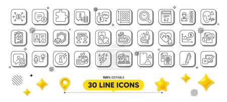 Online chemistry, Time management and Genders line icons pack. 3d design elements. Puzzle, Justice scales, Consulting web icon. Phone warning, Dollar rate, Voice wave pictogram. Vector