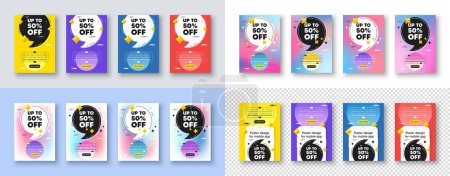 Illustration for Poster templates design with quote, comma. Up to 50 percent off sale. Discount offer price sign. Special offer symbol. Save 50 percentages. Discount tag poster frame message. Vector - Royalty Free Image