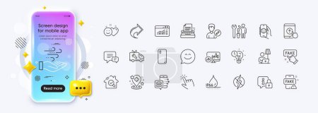 Candlestick chart, Car service and Fake news line icons for web app. Phone mockup gradient screen. Pack of Edit person, Smile chat, Fake information pictogram icons. Vector
