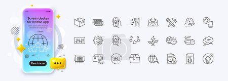 Illustration for Food delivery, Web search and Gpu line icons for web app. Phone mockup gradient screen. Pack of Technical documentation, Safe time, Office box pictogram icons. Vector - Royalty Free Image
