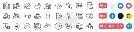 Illustration for Cloud sync, Uv protection and Bid offer line icons pack. Social media icons. Share call, Robbery, Cash web icon. Direction, Love document, Ranking star pictogram. Vector - Royalty Free Image
