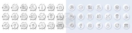 Illustration for Food delivery, Market and Coffee cup line icons. White pin 3d buttons, chat bubbles icons. Pack of Wedding glasses, Cupcake, Prohibit food icon. Cooking spoon, Ice cream, Hot water pictogram. Vector - Royalty Free Image