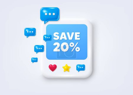 Illustration for Social media post 3d frame. Save 20 percent off tag. Sale Discount offer price sign. Special offer symbol. Discount message frame. Photo banner with speech bubbles. Like, star and chat icons. Vector - Royalty Free Image