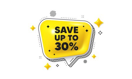 Illustration for Save up to 30 percent tag. Chat speech bubble 3d icon. Discount Sale offer price sign. Special offer symbol. Discount chat message. Speech bubble banner with stripes. Yellow text balloon. Vector - Royalty Free Image