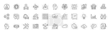 Illustration for Medical drugs, Report document and Full rotation line icons. Pack of Square area, Cloudy weather, Yoga icon. Motherboard, Employee results, Charging time pictogram. Mental health. Line icons. Vector - Royalty Free Image