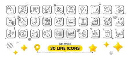 Pantothenic acid, Yoga and Stress line icons pack. 3d design elements. Recovery photo, Recovery trash, Air fan web icon. Fireworks, Magic wand, Fahrenheit thermometer pictogram. Vector