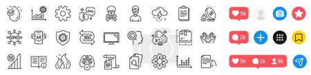 Technical info, Chemical hazard and Package size line icons pack. Social media icons. Dot plot, Fire energy, Thiamine vitamin web icon. Thunderstorm weather, Medical mask, Execute pictogram. Vector