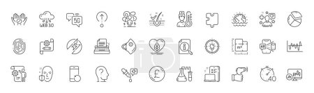 Illustration for Idea, Puzzle and Cogwheel blueprint line icons. Pack of Pound money, Medical tablet, Web3 icon. Face protection, Augmented reality, Psychology pictogram. Timer, Anti-dandruff flakes. Vector - Royalty Free Image