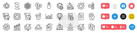Illustration for Report diagram, Documents and Coronavirus line icons pack. Social media icons. Time management, Manual doc, Seo timer web icon. Swipe up, Internet document, Yoga pictogram. Vector - Royalty Free Image