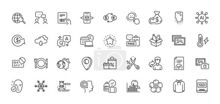 Illustration for Dollar exchange, Electricity power and Ssd line icons pack. AI, Question and Answer, Map pin icons. Shopping, Hoody, Approved document web icon. Fake document, Dislike, Cashback pictogram. Vector - Royalty Free Image