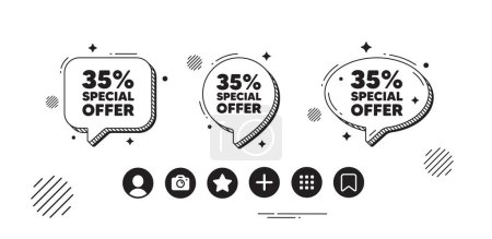 Illustration for 35 percent discount offer tag. Speech bubble offer icons. Sale price promo sign. Special offer symbol. Discount chat text box. Social media icons. Speech bubble text balloon. Vector - Royalty Free Image