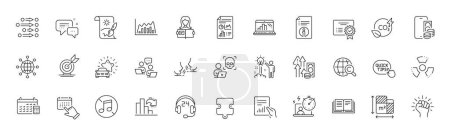 Creative idea, Education and No music line icons. Pack of Consulting, Employees messenger, Quick tips icon. Calendar, Puzzle, Timer pictogram. Document, International copyright, Order. Vector