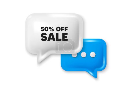 Illustration for Sale 50 percent off discount. Chat speech bubble 3d icon. Promotion price offer sign. Retail badge symbol. Sale chat offer. Speech bubble banner. Text box balloon. Vector - Royalty Free Image