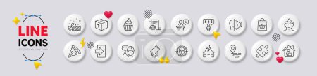 Illustration for Present, Employee benefits and Place line icons. White buttons 3d icons. Pack of Podium, Legal documents, Cupcake icon. Puzzle, Car charging, Face detect pictogram. Vector - Royalty Free Image