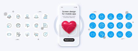 Illustration for Phone mockup with 3d heart icon. Health app, Chemistry lab and Winner podium line icons. Pack of Lock, Push cart, Shopping cart icon. Loan percent, Article, Star pictogram. Vector - Royalty Free Image