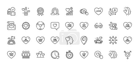 Illustration for Friend, Be good and Love her line icons pack. AI, Question and Answer, Map pin icons. Honeymoon travel, Love letter, Ask me web icon. Hold heart, Lgbt, Be mine pictogram. Vector - Royalty Free Image