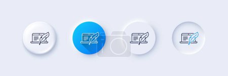 Illustration for Copywriting notebook line icon. Neumorphic, Blue gradient, 3d pin buttons. Copyright feather sign. Media content symbol. Line icons. Neumorphic buttons with outline signs. Vector - Royalty Free Image
