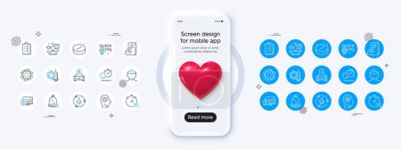 Illustration for Phone mockup with 3d heart icon. Meditation eye, Tanning time and Stress line icons. Pack of Checklist, Patient, Car charging icon. Medical tablet, Fitness, Coronavirus vaccine pictogram. Vector - Royalty Free Image