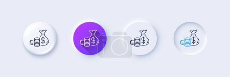 Illustration for Coins bag line icon. Neumorphic, Purple gradient, 3d pin buttons. Cash money sign. Income savings symbol. Line icons. Neumorphic buttons with outline signs. Vector - Royalty Free Image