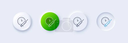 Vaccination schedule line icon. Neumorphic, Green gradient, 3d pin buttons. Vaccine syringe sign. Second injection time symbol. Line icons. Neumorphic buttons with outline signs. Vector