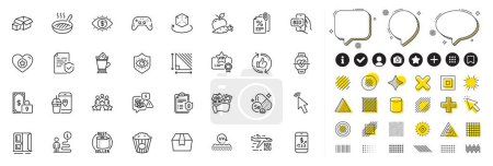 Illustration for Set of Stress, Private payment and Tax documents line icons for web app. Design elements, Social media icons. Cursor, Package box, Augmented reality icons. Vector - Royalty Free Image