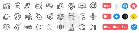 Illustration for Sound wave, Coronavirus lungs and Fingerprint line icons pack. Social media icons. Bitcoin graph, Time management, Charging station web icon. Vector - Royalty Free Image