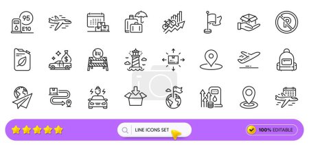 Illustration for Fuel price, Delivery calendar and Petrol station line icons for web app. Pack of Destination flag, Training results, Airplane pictogram icons. Backpack, Delivery service, Cardboard box signs. Vector - Royalty Free Image