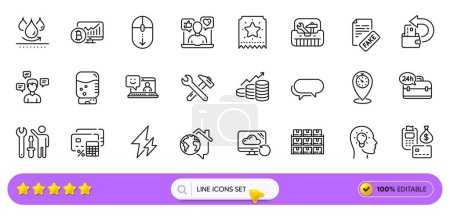 Messenger, Growth chart and Loyalty ticket line icons for web app. Pack of 24h service, Toolbox, Spanner tool pictogram icons. Timer, Cash back, Idea head signs. Conversation messages. Vector