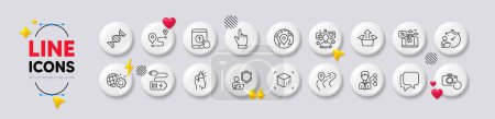 Talk bubble, Third party and Swipe up line icons. White buttons 3d icons. Pack of Battery, Cursor, Brand ambassador icon. Shield, Road, Pin pictogram. Travel loan, Seo gear, Augmented reality. Vector