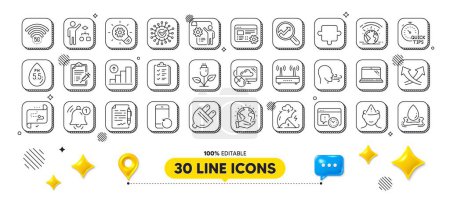 Illustration for Greenhouse, Intersection arrows and Analytics line icons pack. 3d design elements. Puzzle, Vaccine report, Reminder web icon. Checklist, Settings blueprint, Agreement document pictogram. Vector - Royalty Free Image