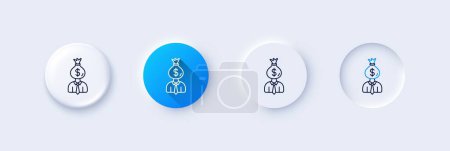 Illustration for Businessman earnings line icon. Neumorphic, Blue gradient, 3d pin buttons. Dollar money bag sign. Line icons. Neumorphic buttons with outline signs. Vector - Royalty Free Image