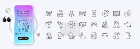 Smartphone recovery, Computer mouse and Favorite line icons for web app. Phone mockup gradient screen. Pack of Loyalty program, Lock, Settings blueprint pictogram icons. Vector