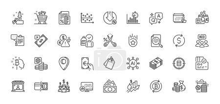 Illustration for Report timer, Auction and Inspect line icons pack. AI, Question and Answer, Map pin icons. Card, Rejected payment, Dollar exchange web icon. Vector - Royalty Free Image
