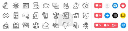 Illustration for Food delivery, Place and Compliance line icons pack. Social media icons. Communication, Supply chain, Puzzle game web icon. Dislike hand, International globe, Espresso pictogram. Vector - Royalty Free Image