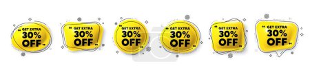 Illustration for Get Extra 30 percent off Sale. Speech bubble 3d icons set. Discount offer price sign. Special offer symbol. Save 30 percentages. Extra discount chat talk message. Vector - Royalty Free Image