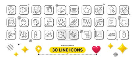 Illustration for Sunny weather, Gpu and Mental health line icons pack. 3d design elements. Qr code, Biotin vitamin, World money web icon. Education, Energy growing, Interview documents pictogram. Vector - Royalty Free Image