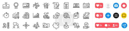 Illustration for Recovery computer, E-mail and Approved checkbox line icons pack. Social media icons. Teamwork, Timer, People chatting web icon. Puzzle, Graph chart, Reward pictogram. Vector - Royalty Free Image