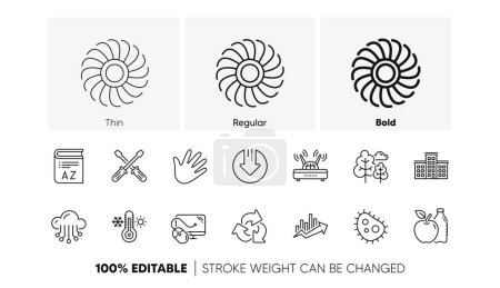 Illustration for Jet turbine, Wind energy and Cloud services. Company building, Fan engine and Profits chart line icons. Linear icon set. Line icons set. Vector - Royalty Free Image