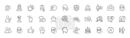 Illustration for Mail app, Stress and Refer friend line icons. Pack of Head, Touchscreen gesture, Working hours icon. Medical mask, Music app, Chef pictogram. Best glasses, Mental health, Smile. Line icons. Vector - Royalty Free Image