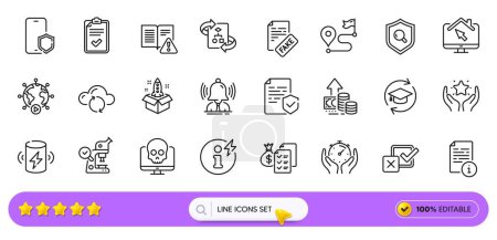Illustration for Checklist, Power info and Charge battery line icons for web app. Pack of Inspect, Technical algorithm, Phone protect pictogram icons. Fake news, Continuing education, Manual signs. Search bar. Vector - Royalty Free Image