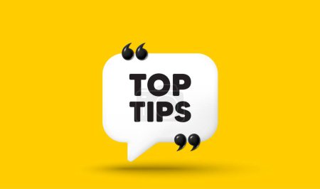 Illustration for Top tips tag. Chat speech bubble 3d icon with quotation marks. Education faq sign. Best help assistance. Top tips chat message. Speech bubble banner. White text balloon. Vector - Royalty Free Image