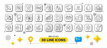 Illustration for Vaccine announcement, Stress grows and Head line icons pack. 3d design elements. Dumbbell, High thermometer, Sun protection web icon. Bicycle helmet, Emergency call, Medical drugs pictogram. Vector - Royalty Free Image